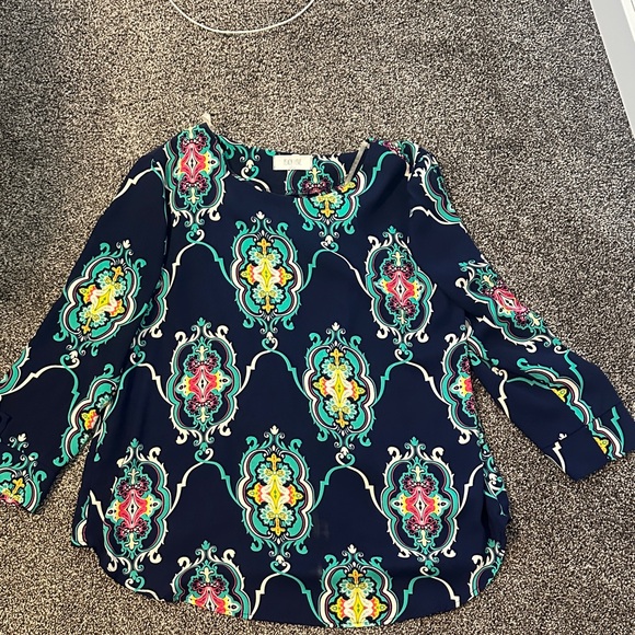 Peach Love California Tops - Peach Love California Navy and Teal Patterned Blouse